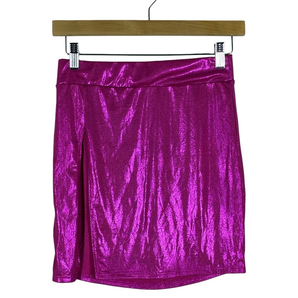 Queen Mania Metallic Side Slit Mini Skirt Fuchsia Pink Party Festival Size M